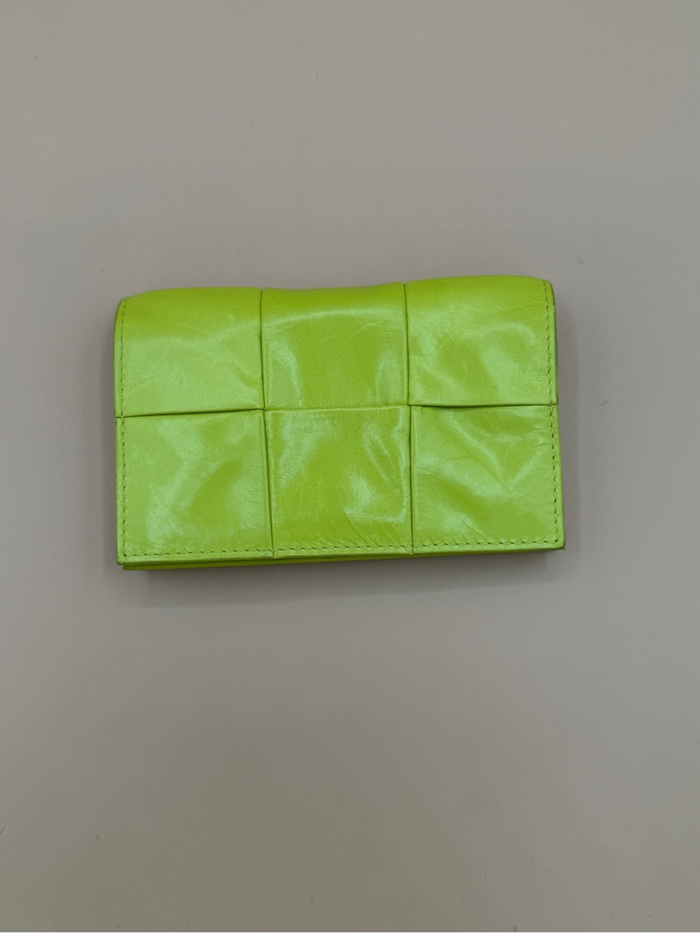 Bottega Veneta Cassette Card Case Wallet in Acid Kiwi Paper Calfskin Full Set